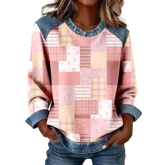 Womens Long Sleeve T Shirts Breast Cancer Print Plaid Spliced Denim Crew Neck Casual Pullover Tee Summer Tops