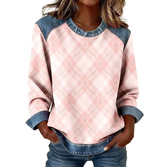 Womens Long Sleeve T Shirts Breast Cancer Print Plaid Spliced Denim Crew Neck Casual Pullover Tee Summer Tops