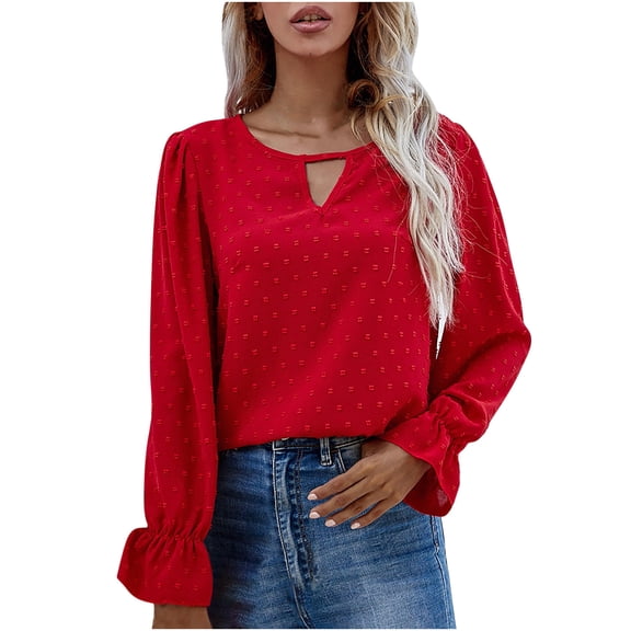 Womens Long Sleeve T Shirts Casual Fashion Turtleneck Tees Round Neck Long Sleeve Polka Loose Blouse