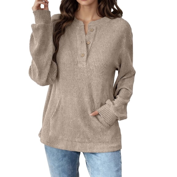 Womens Long Sleeve T Shirts Casual Tshirt Button Down Loose Fit Top Fall Winter Spring Solid Color Comfort Khaki XL