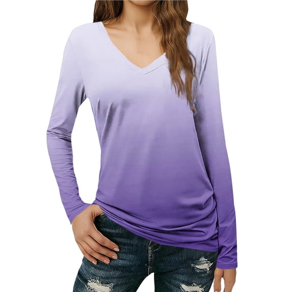 Womens Long Sleeve T Shirts Casual V Neck Gradient Color Slim Fit Basic Tee Soft Comfy Pullover Tunic Tops (L, Light Blue)