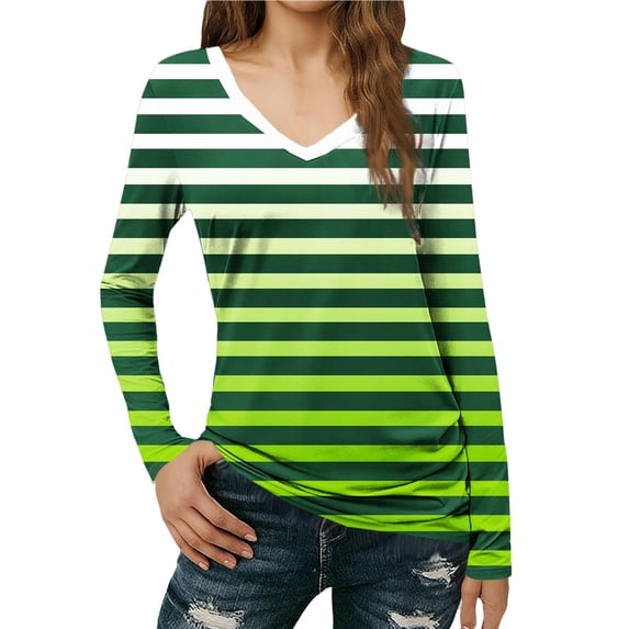 Womens Long Sleeve T Shirts Casual V Neck Striped Slim Fit Basic Tee Soft Comfy Pullover Tunic Tops (M, Green)