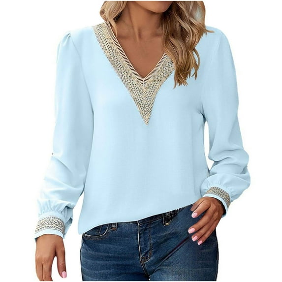 Womens Long Sleeve T Shirts Cotton Clearance Sweatshirt for Women Under $10 Solid V Neck Long Sleeve Loose Lace Chiffon Top Women