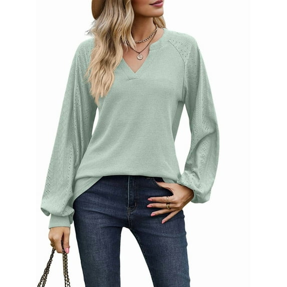Womens Long Sleeve T-Shirts Deep V Neck Blouse Dressy Casual 2025 Fashion Loose Soft Fall Winter Clothes Bean Green S
