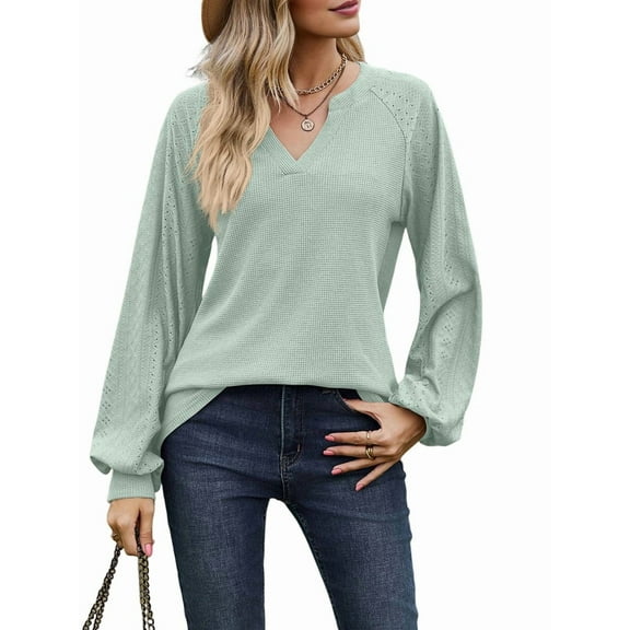 Womens Long Sleeve T-Shirts Deep V Neck Blouse Dressy Casual 2025 Fashion Loose Soft Fall Winter Clothes Bean Green XL