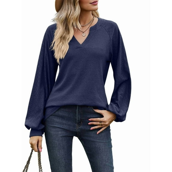 Womens Long Sleeve T-Shirts Deep V Neck Blouse Dressy Casual 2025 Fashion Loose Soft Fall Winter Clothes Dark Blue M