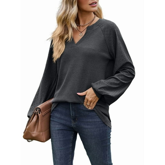 Womens Long Sleeve T-Shirts Deep V Neck Blouse Dressy Casual 2025 Fashion Loose Soft Fall Winter Clothes Dark Gray M