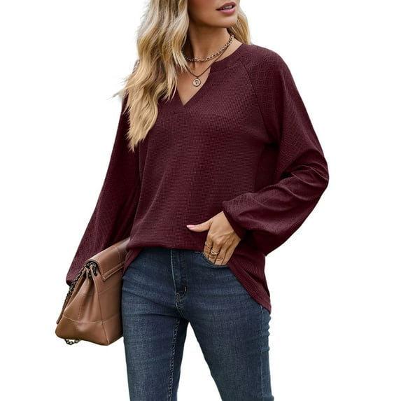 Womens Long Sleeve T-Shirts Deep V Neck Blouse Dressy Casual 2025 Fashion Loose Soft Fall Winter Clothes Wine Red S
