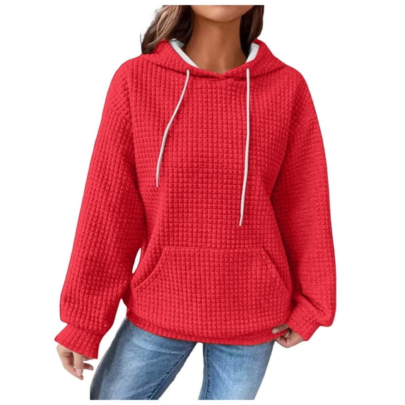 Womens Long Sleeve T Shirts Fall Comfy Hooded Mitten- Drop Shoulder Drawstring Solid Color Leisure Waffle Knit Hoodies Sweatshirts(Red,XXL)