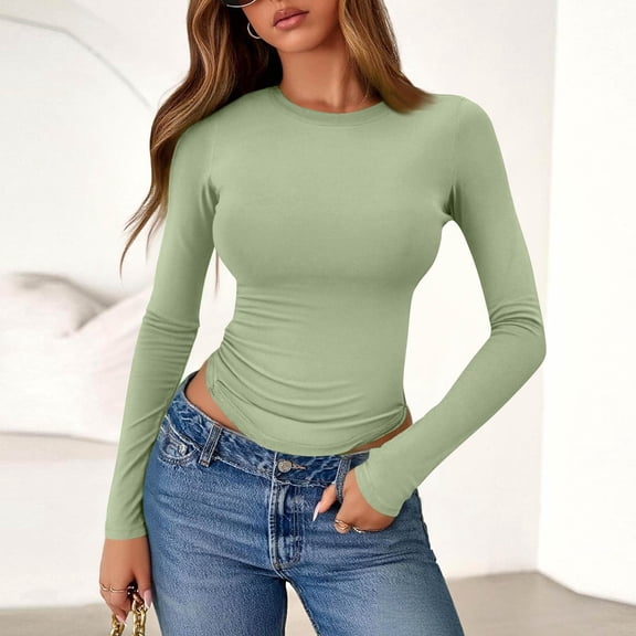 Womens Long Sleeve T Shirts Fall Fashion 2025 Basic Crop Tops Going Out Outfits Y2k Clothes Mint Green L