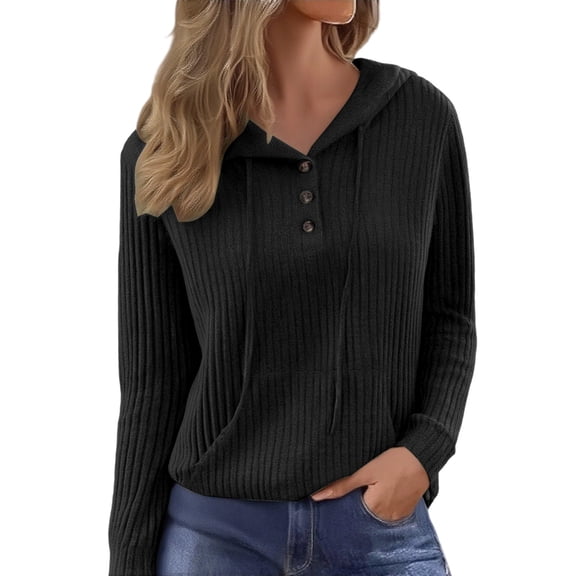 Womens Long Sleeve T Shirts Hooded Knit Top Brushed Ribbed Fabric Loose Casual Pullover Shirt Fall Winter Black S