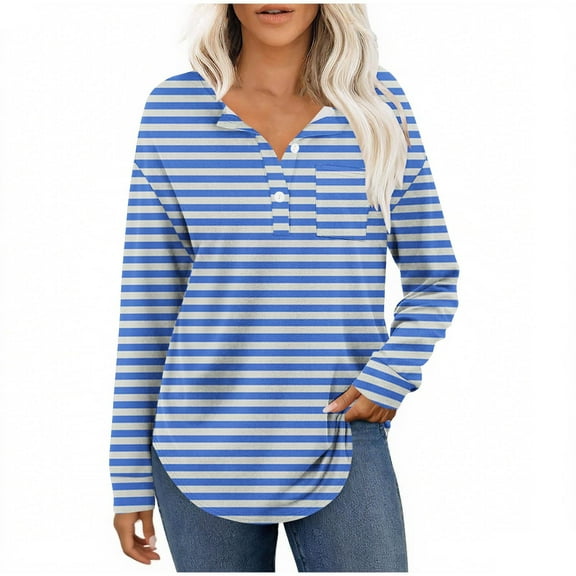 Womens Long Sleeve T-Shirts Long Sleeve Chest Pocket Button Henley Neck Striped Graphic Tunic Tops Loose Casual Tees (M, Blue)