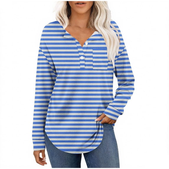 Womens Long Sleeve T-Shirts Long Sleeve Chest Pocket Button Henley Neck Striped Graphic Tunic Tops Loose Casual Tees (S, Blue)