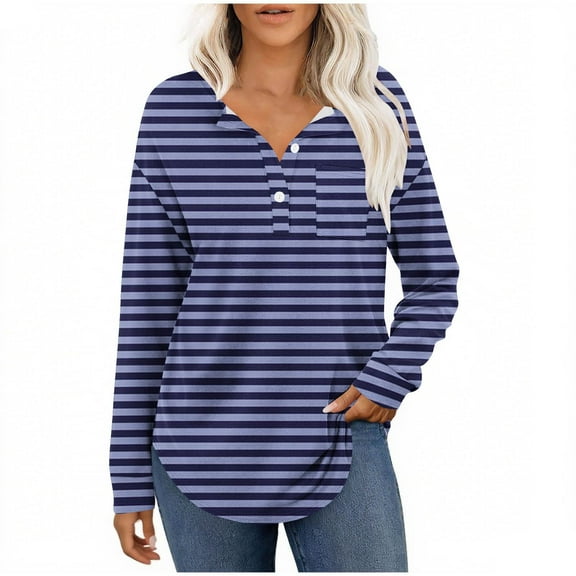 Womens Long Sleeve T-Shirts Long Sleeve Chest Pocket Button Henley Neck Striped Graphic Tunic Tops Loose Casual Tees (XL, Dark Blue)