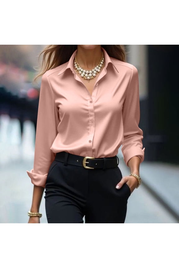 Womens Long Sleeve T Shirts New Satin Tops for Women Casual Button down Shirts Silk Long Sleeve Work Shirt Fall Business Blouse Dressy Clothes Pinky M