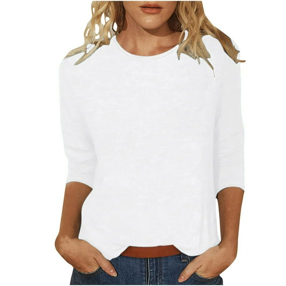 White Plus Size Blouses for Women, 3/4 Sleeve Juniors Tops, Polyester Lightweight Button Down Shirt Women, Women's Solid Color Round Neck Slim Seven Point Sleeve T Shirt Top