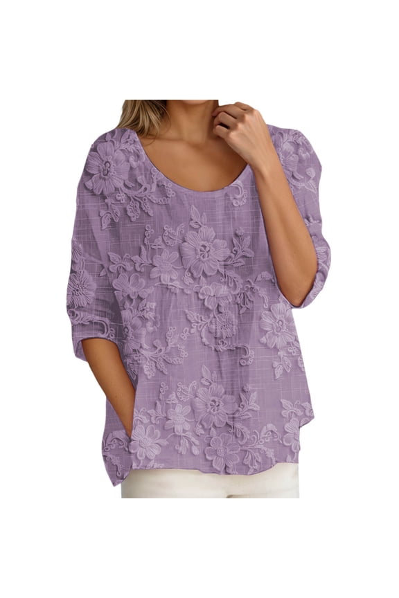 Womens Long Sleeve T Shirts Tops Casual Boho Floral Print Lightweight Loose Fit Fall Clothes for Women Tees Blouses Dark Purple XL