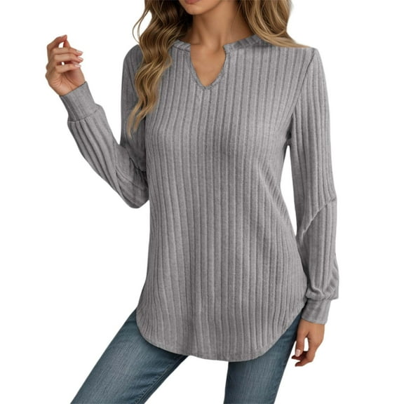 Womens Long Sleeve T Shirts Tops V Neck Soft Brushed Striped Casual Stretch Fit Basic Fall Clothes for Women Tees Blouses Grey L