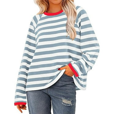 Womens Long Sleeve T Shirts Trendy Stripe Printed Round Neck Tshirts Ladies Casual Baggy Comfort Pullover Basic Going Out Tees Tops Clearance