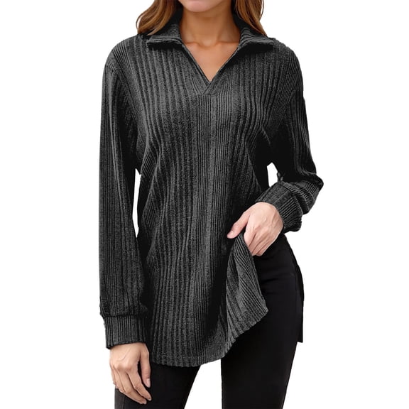 Womens Long Sleeve T Shirts V Neck Knit Top Side Slit Hem Reverse Collar Design Loose Casual Shirt Fall Winter Black XXXXL