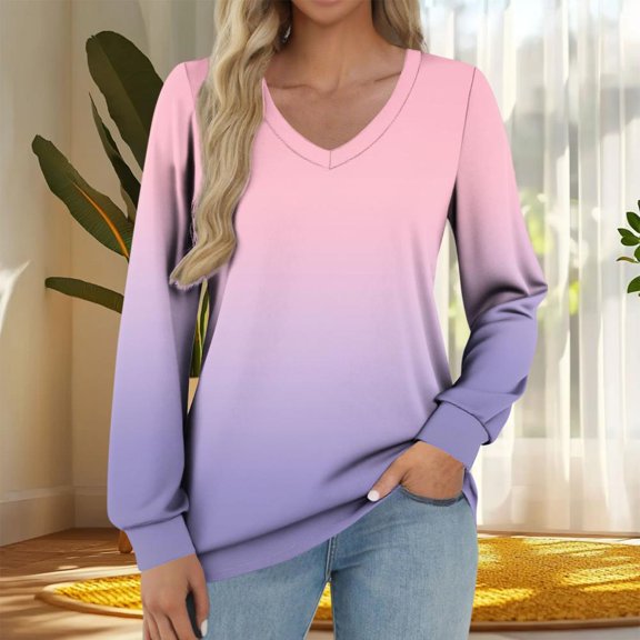 Womens Long Sleeve T Shirts V Neck Soft Basic Tee Loose Fit Casual Tops Fall Fashion