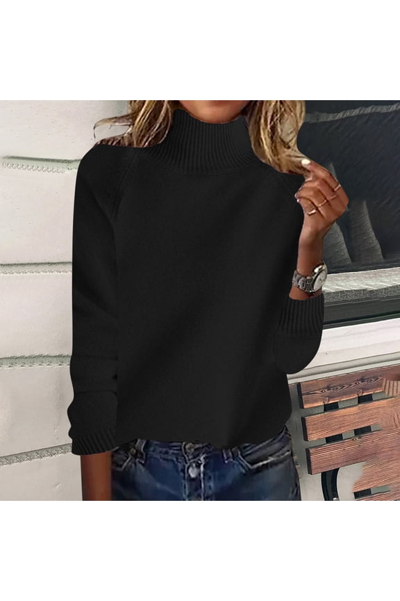 Womens Long Sleeve T Shirts Women Winter Clothes Women's Solid Color Shoulder Inserted Thick Stand Up Collar Loose Sweater Women's Lazy Style Wool Base Sweater Top,Black,S