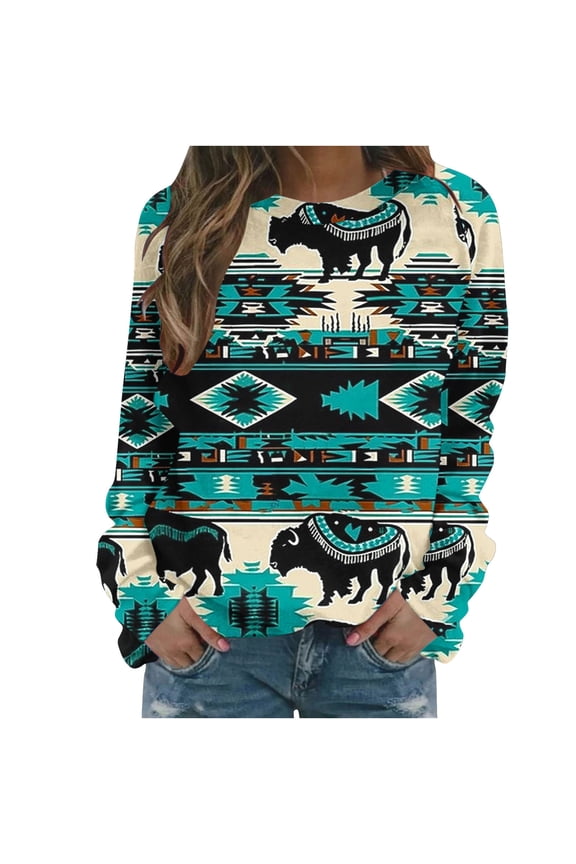 Womens Long Sleeve T-shirt Vintage Aztec Print Western Pullover Tops Casual Crew Neck Loose Fit Blouses Retro Raglan Shirts