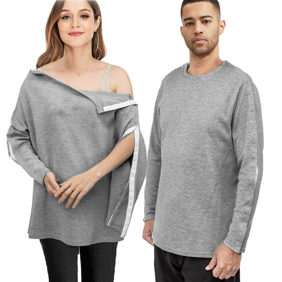 Womens Long Sleeve Tee Tops Round Neck Solid Color Unisex Rehab Shirt with Discreet Shoulder Snaps Clothing Blouses