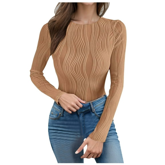 Womens Long Sleeve Textured Tops Crewneck Solid Ribbed Slim Fit Casual Basic Tee Shirts 2025 Fall Fashion Y2K Blouses