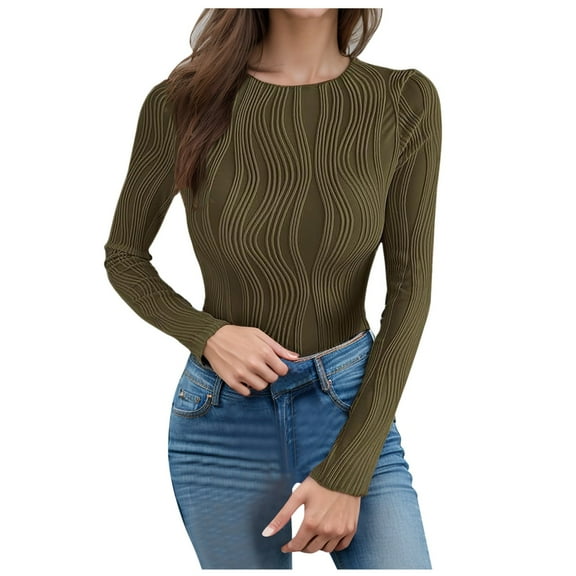 Womens Long Sleeve Textured Tops Crewneck Solid Ribbed Slim Fit Casual Basic Tee Shirts 2025 Fall Fashion Y2K Blouses