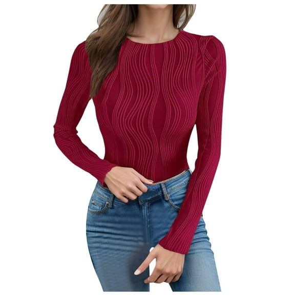 Womens Long Sleeve Textured Tops Crewneck Solid Ribbed Slim Fit Casual Basic Tee Shirts 2025 Fall Fashion Y2K Blouses