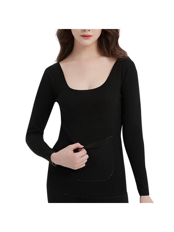 Womens Long Sleeve Thermal Shirt Fleece Lined Undershirt Soft Base Layer Winter Cold Weather Tops with Pockets Black XL