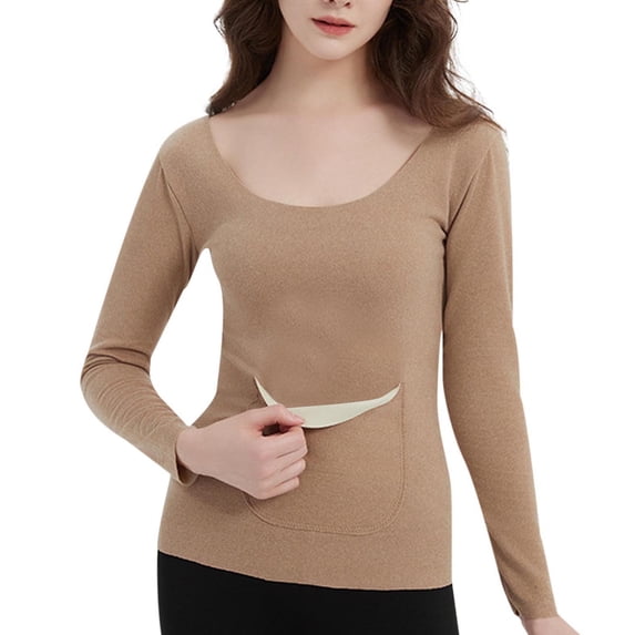 Womens Long Sleeve Thermal Shirt Fleece Lined Undershirt Soft Base Layer Winter Cold Weather Tops with Pockets Khaki XXXL