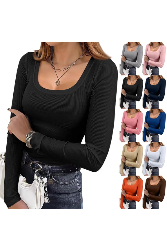 Womens Long Sleeve Thermal Shirt Square Neck Tops 2025 Fashion Slim Fit Coffee M
