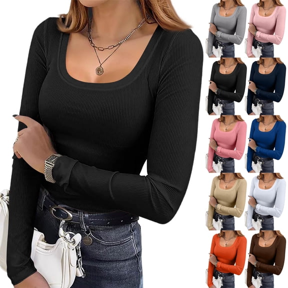 Womens Long Sleeve Thermal Shirt Square Neck Tops 2025 Fashion Slim Fit Saffron 2XL