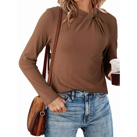 Womens Long Sleeve Thermal Twist Knot Mock Neck Business Casual Slim Fit Soft Stretch Tees Blouses Coffee Color S