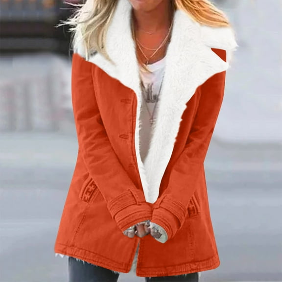 Womens Long Sleeve Thicken Furry Collar Button Down Jackets Winter Outerwear Oversized Loose Saffron 5XL