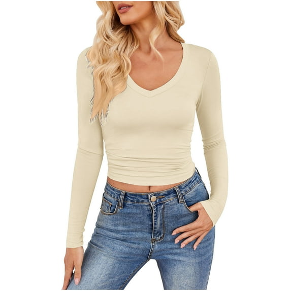 Womens Long Sleeve Tight T-Shirts Cropped Undershirt Casual V Neck Tshirt Basic Tee Tops Y2K Shirts