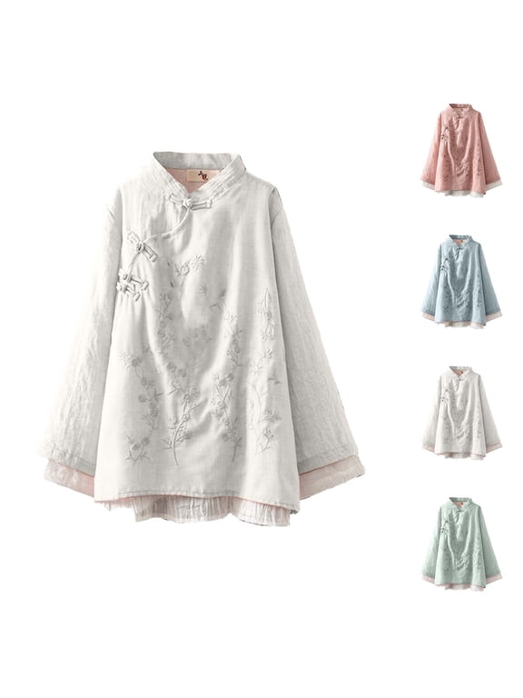 Womens Long Sleeve Top Chinese Style Embroidered Flower Pattern Vintage Shirts Solid Color Knot Button Loose Fit Shirts Spring Fall Lightweight Mandarin Collar T Shirt