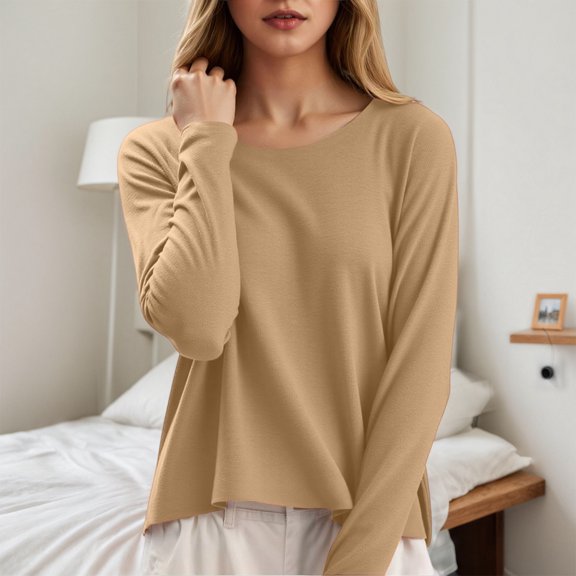 Womens Long Sleeve Top Crew Neck Tops Khaki Women Thermal Top Warm Tops for Women Fall Work Clothes