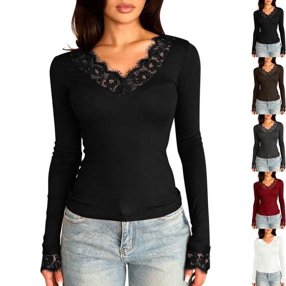 Womens Long Sleeve Top Elegant Deep V Neck Slim Fit Lace Trim Cuff Blouse Chic Shirts for Going Out Date Night Clubwear, Black, M