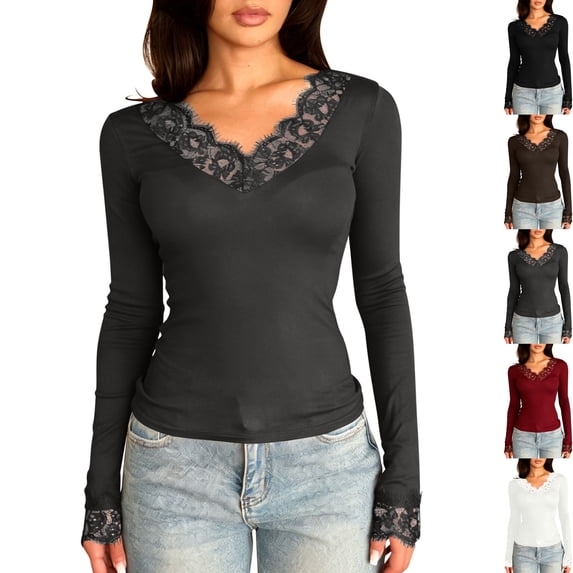 Womens Long Sleeve Top Elegant Deep V Neck Slim Fit Lace Trim Cuff Blouse Chic Shirts for Going Out Date Night Clubwear, Dark Gray, XL