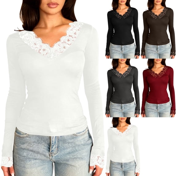 Womens Long Sleeve Top Elegant Deep V Neck Slim Fit Lace Trim Cuff Blouse Chic Shirts for Going Out Date Night Clubwear, White, XL