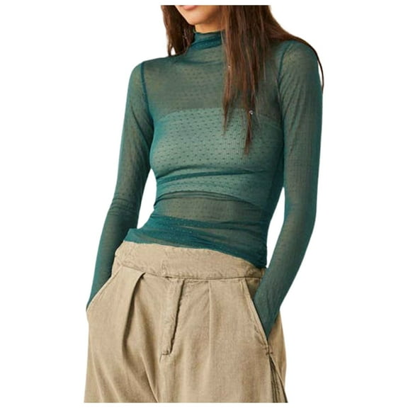 Womens Long Sleeve Top Mesh Sheer Solid Turtle Neck Tunic Shirts See Though Sexy Casual Blouses
