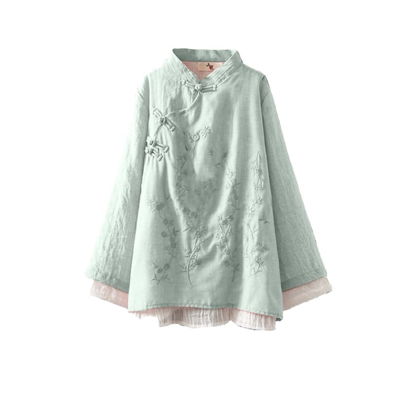 Womens Long Sleeve Top Vintage Style Embroidered Flower Pattern Shirts Solid Color Knot Button Loose Fit Shirt