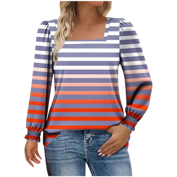 Womens Long Sleeve Tops 2026 Trendy Gradient Square Neck Pullover Shirts Spring Causal Dressy Loose Fit Tunic Blouse