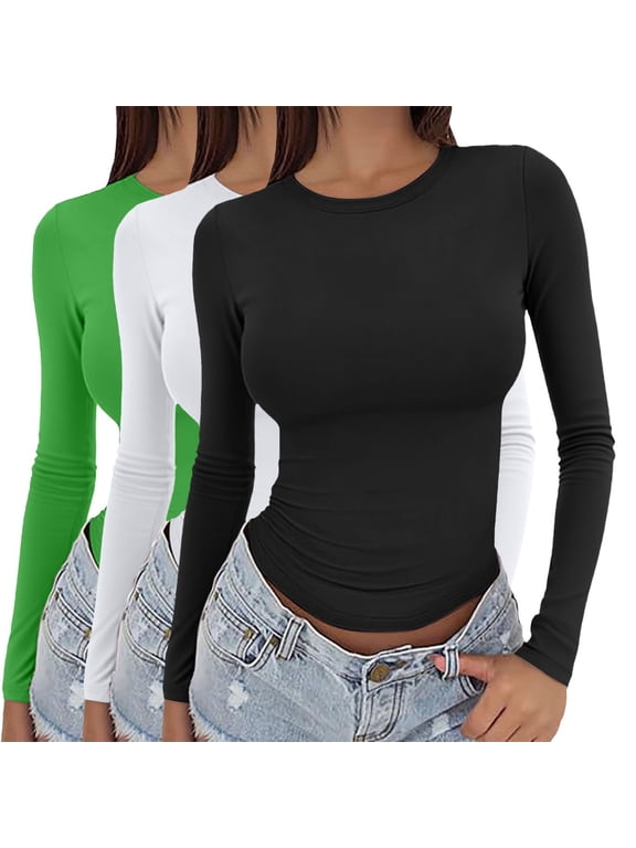 Womens Long Sleeve Tops 3 Pieces Women Y2k Basic Long Sleeve Top Slim Baby Tee Round Neck Dupe Crop Layering Slim Top Blouse Aesthetic Streetwear Womens Fashion Top Shirts