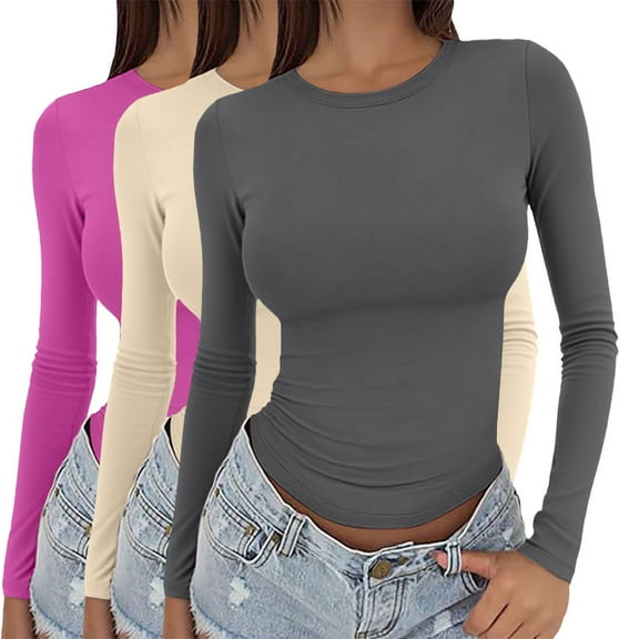 Womens Long Sleeve Tops 3 Pieces Women Y2k Basic Long Sleeve Top Slim Baby Tee Round Neck Dupe Crop Layering Slim Top Blouse Aesthetic Streetwear Womens Fashion Top Shirts