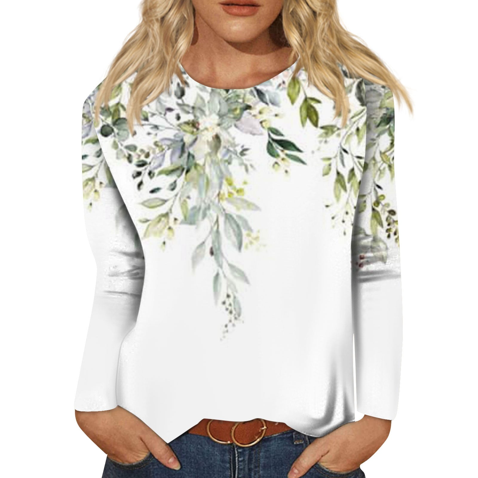 Womens Tunic Tops Shirts Dressy Casual Fall Long Sleeve Pullover Cute  Floral Print Lose Fit Blouses Crew Neck T-Shirt