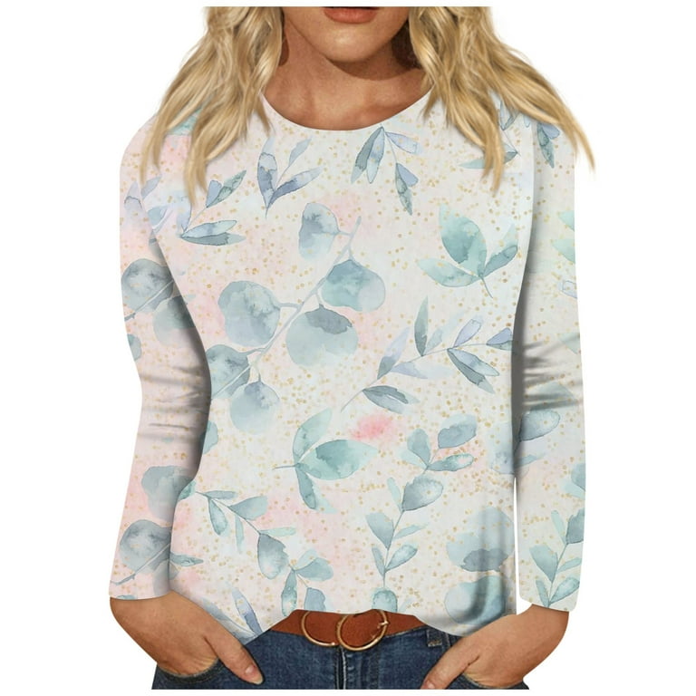 Womens Long Sleeve Tops and Blouses Plus Fall Floral Print Hide Belly Work  Tops for Women Large Bust Crewneck Slim Fit Graphic Oversized Tees for  Women Country Spring Blouses 
